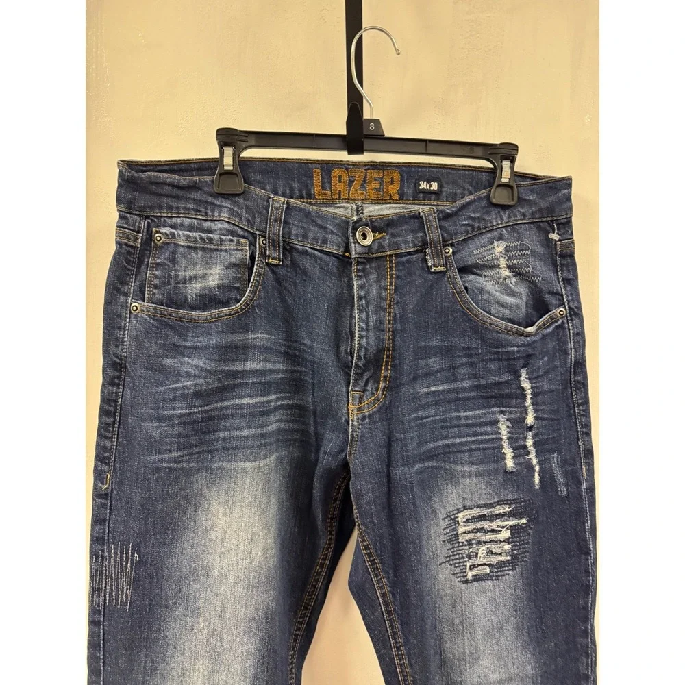 LAZER Mens 34x30 Blue Wash‎ Distressed Denim Jeans Straight Fit